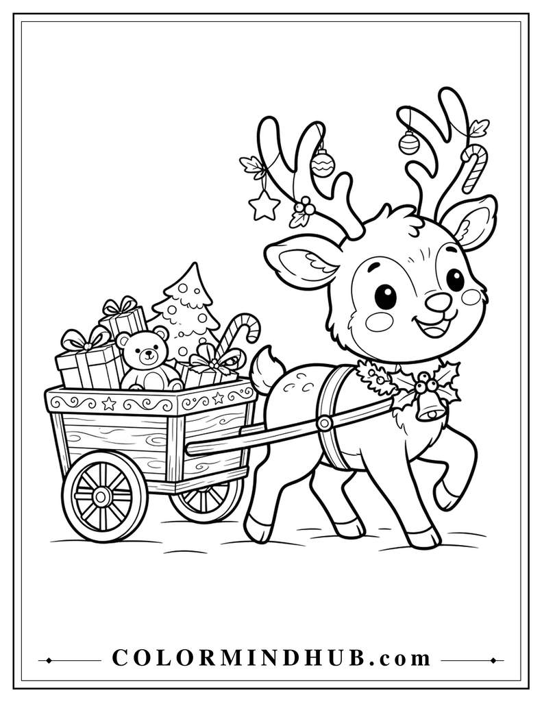 Christmas reindeer pulling a small wooden holiday cart - Christmas reindeer coloring page