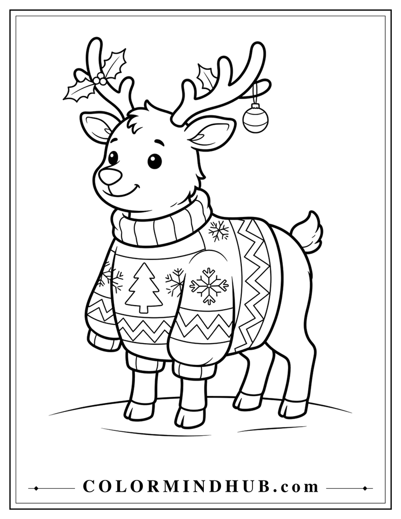 Cute Christmas reindeer wearing a festive winter sweater - Christmas reindeer coloring page for kids