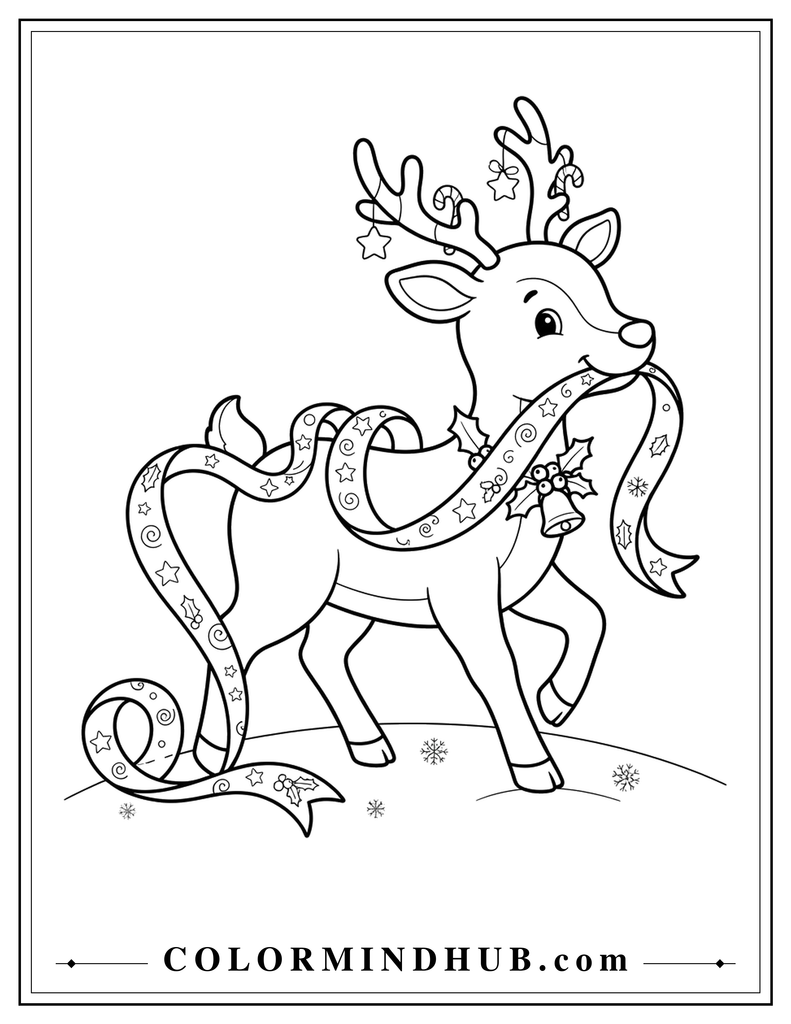 Playful Christmas reindeer carrying a long decorative ribbon - Christmas reindeer coloring page