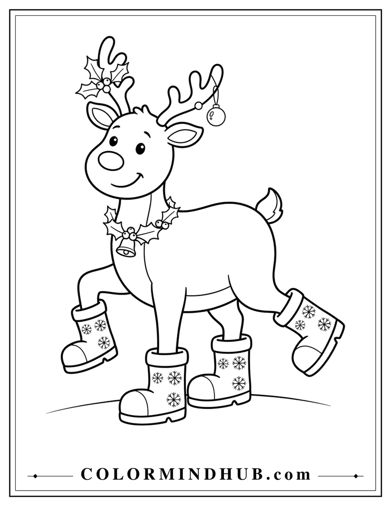 Funny Christmas reindeer wearing oversized winter boots - Christmas reindeer coloring page for kids