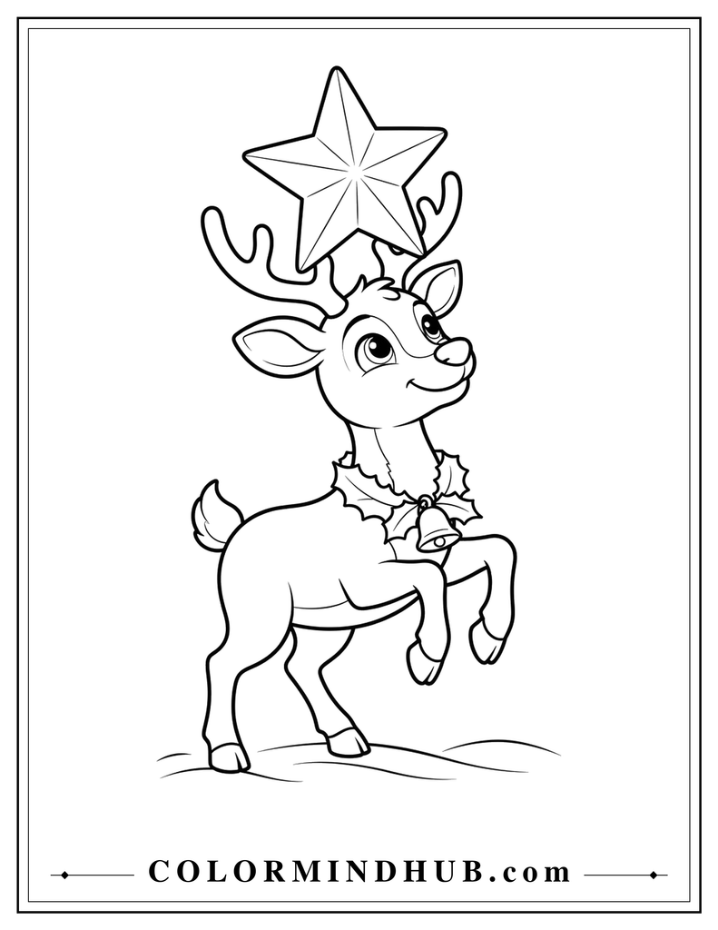 Christmas reindeer balancing a large Christmas star on its antlers - Christmas reindeer coloring page
