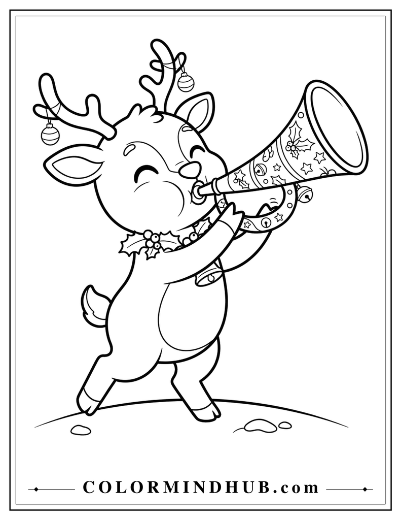 Joyful Christmas reindeer playing a festive musical horn - Christmas reindeer coloring page