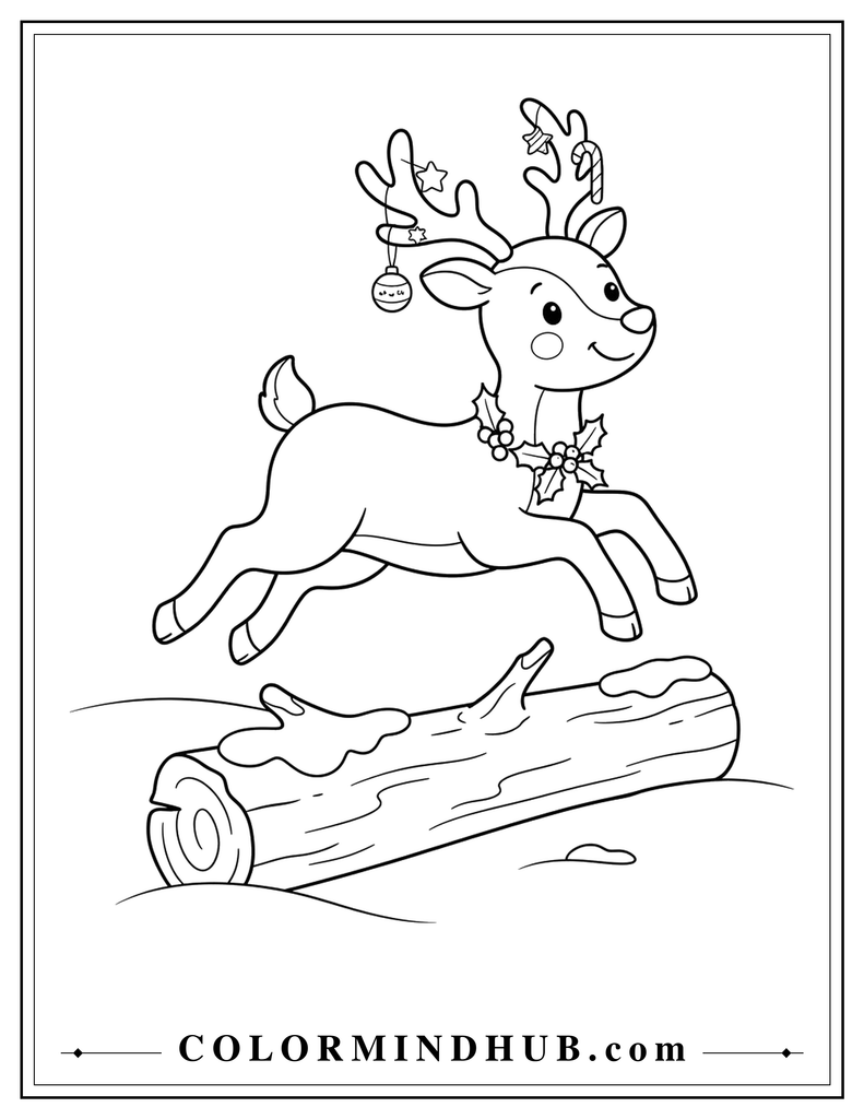 Cheerful Christmas reindeer jumping over a snow-covered log - Christmas reindeer coloring page for kids