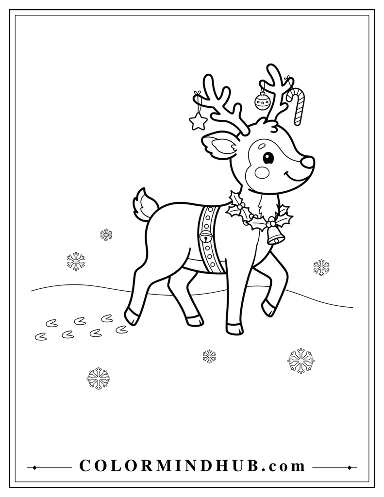 Christmas reindeer walking through snow and leaving hoofprints behind - Christmas reindeer coloring page