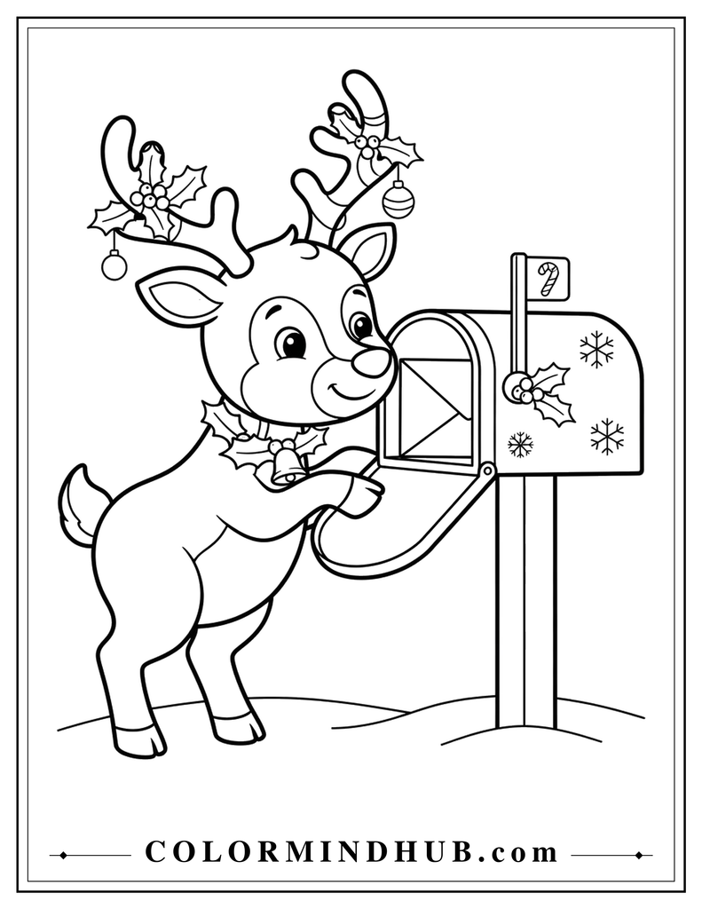 Curious Christmas reindeer peeking inside a festive holiday mailbox - Christmas reindeer coloring page for kids