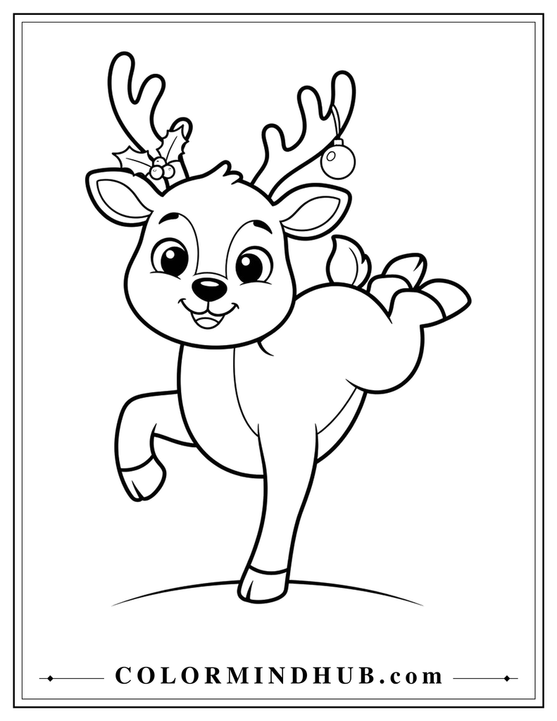 Cheerful Christmas reindeer balancing on one leg - Christmas reindeer coloring page