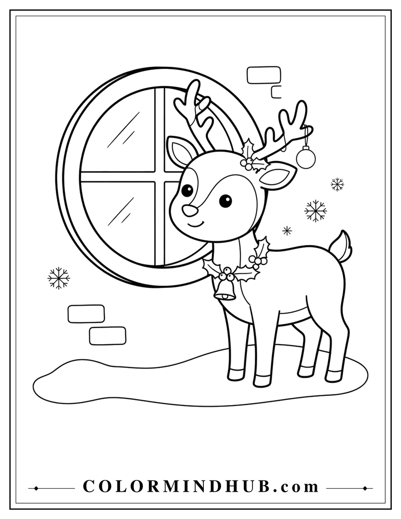 Sweet Christmas reindeer looking through a round window - Christmas reindeer coloring page for kids