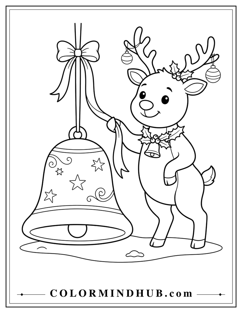 Happy Christmas reindeer ringing a large Christmas bell - Christmas reindeer coloring page