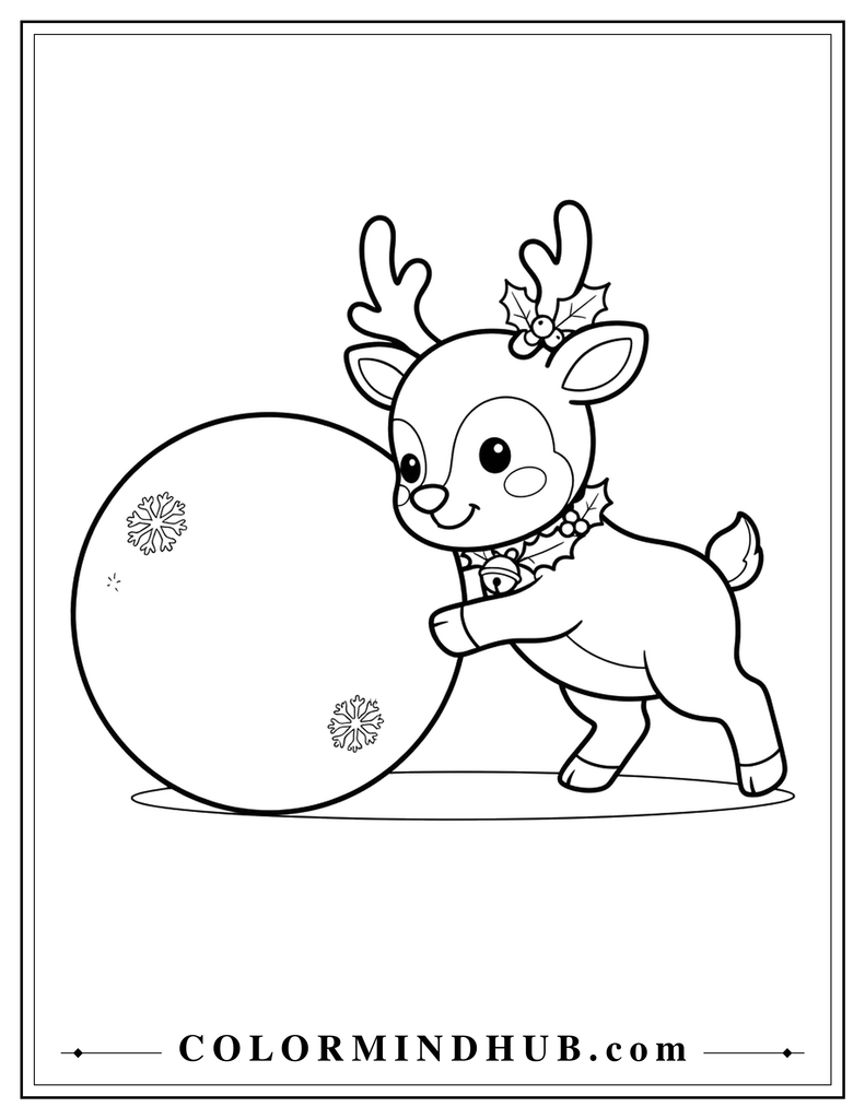 Adorable Christmas reindeer pushing a giant snowball through the snow - Christmas reindeer coloring page for kids