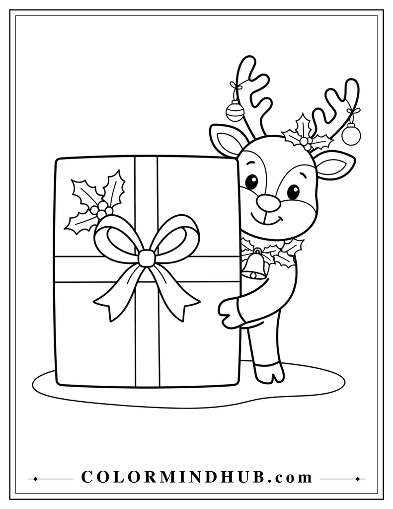 Playful Christmas reindeer hiding behind a large wrapped Christmas present - Christmas reindeer coloring page