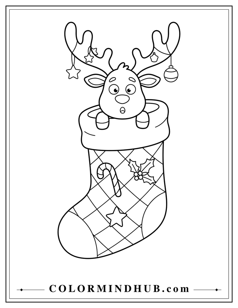 Funny Christmas reindeer peeking out of an oversized Christmas stocking - Christmas reindeer coloring page for kids