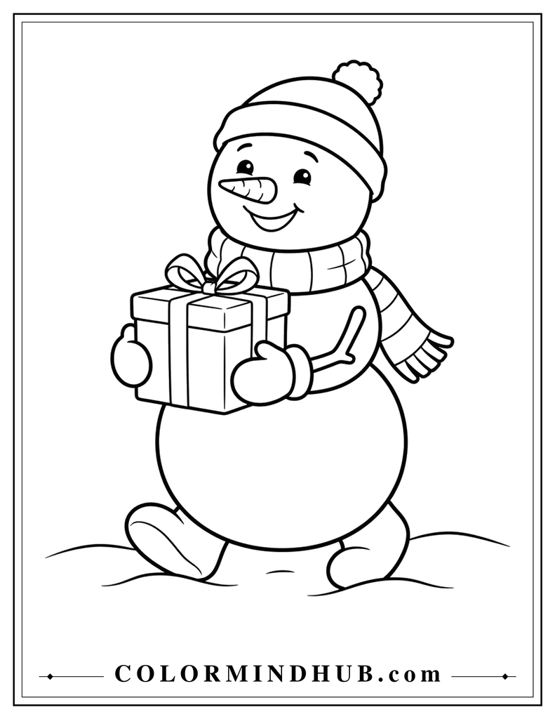 Cheerful snowman carrying a wrapped Christmas present while happily delivering the gift - Christmas snowman coloring page