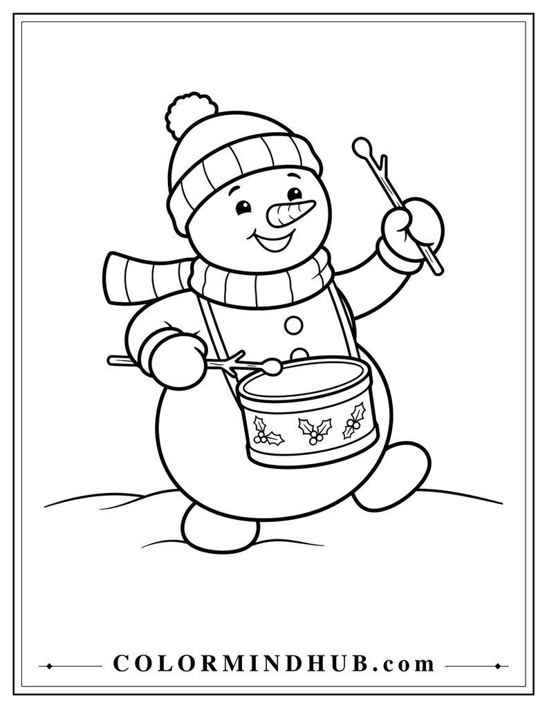 Joyful snowman playing a small Christmas drum with two drumsticks while wearing a festive hat and scarf - Christmas snowman coloring page