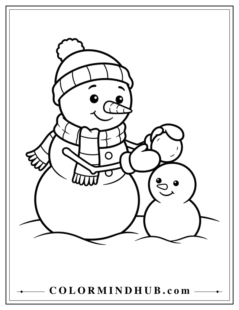 Cheerful snowman building a tiny snowman by placing a small snowball on top - Christmas snowman coloring page