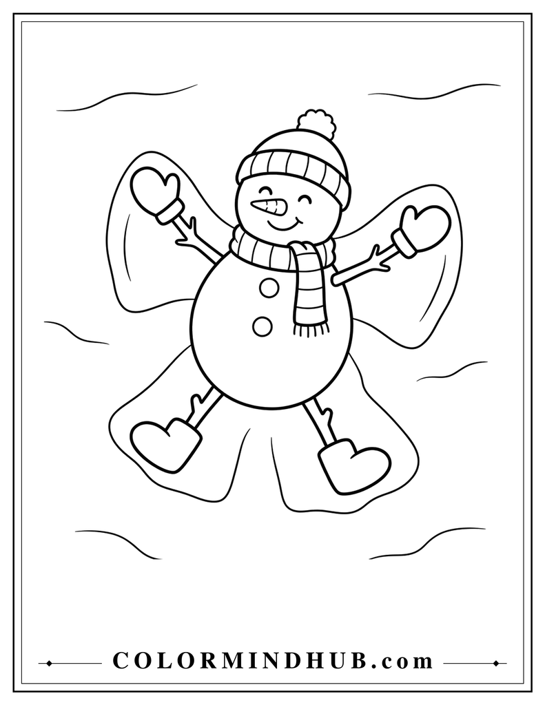Happy snowman lying on his back and making a large snow angel in the snow - Christmas snowman coloring page
