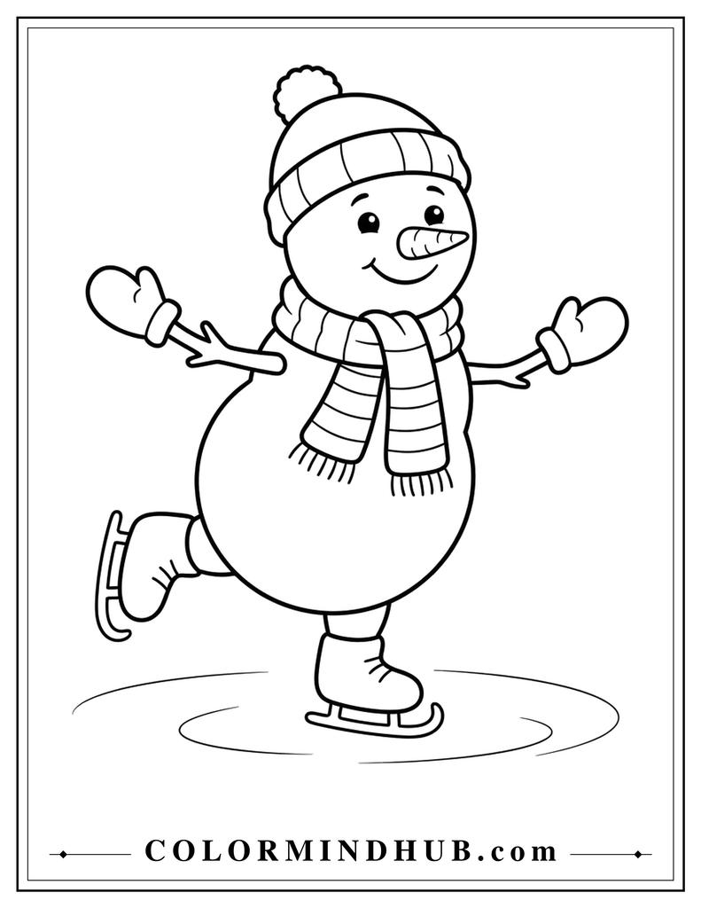 Happy Christmas snowman ice skating with one foot lifted while wearing a winter hat and scarf - Christmas snowman coloring page