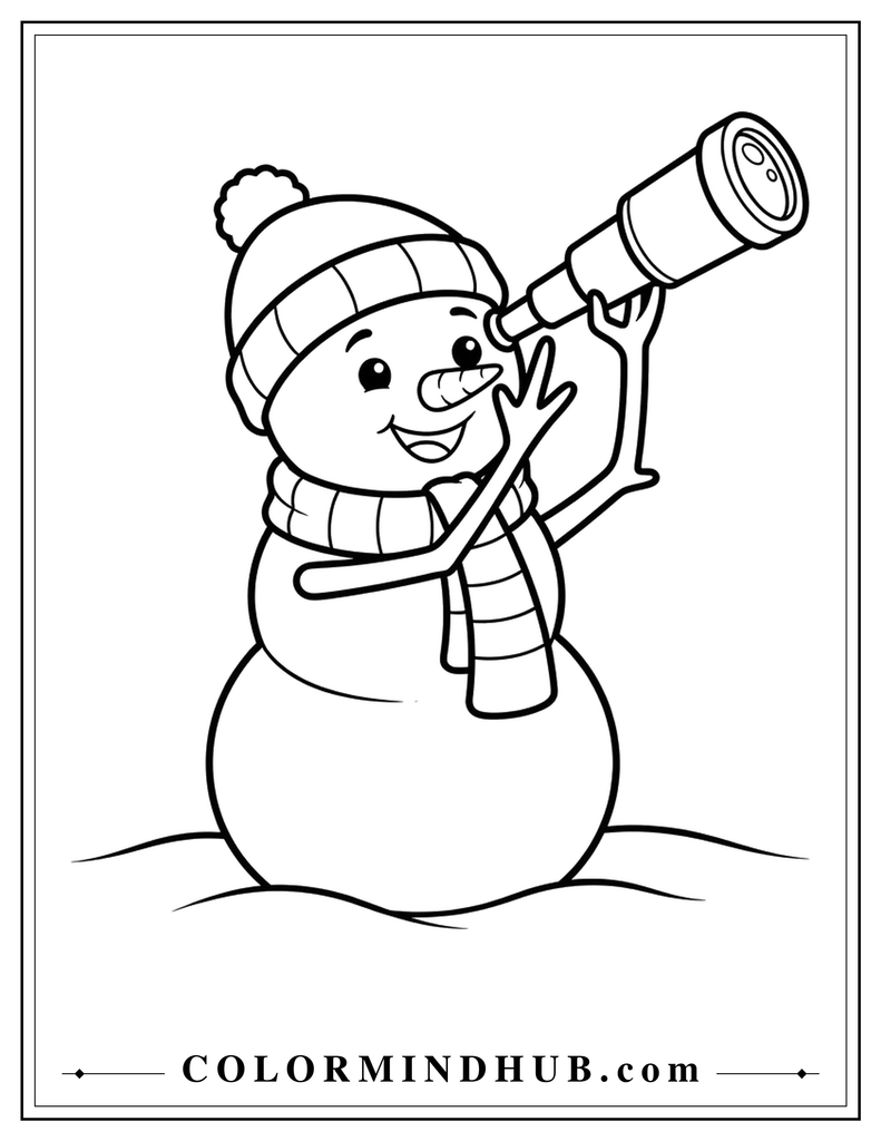 Curious Christmas snowman looking through a small telescope while wearing a winter hat and scarf - Christmas snowman coloring page