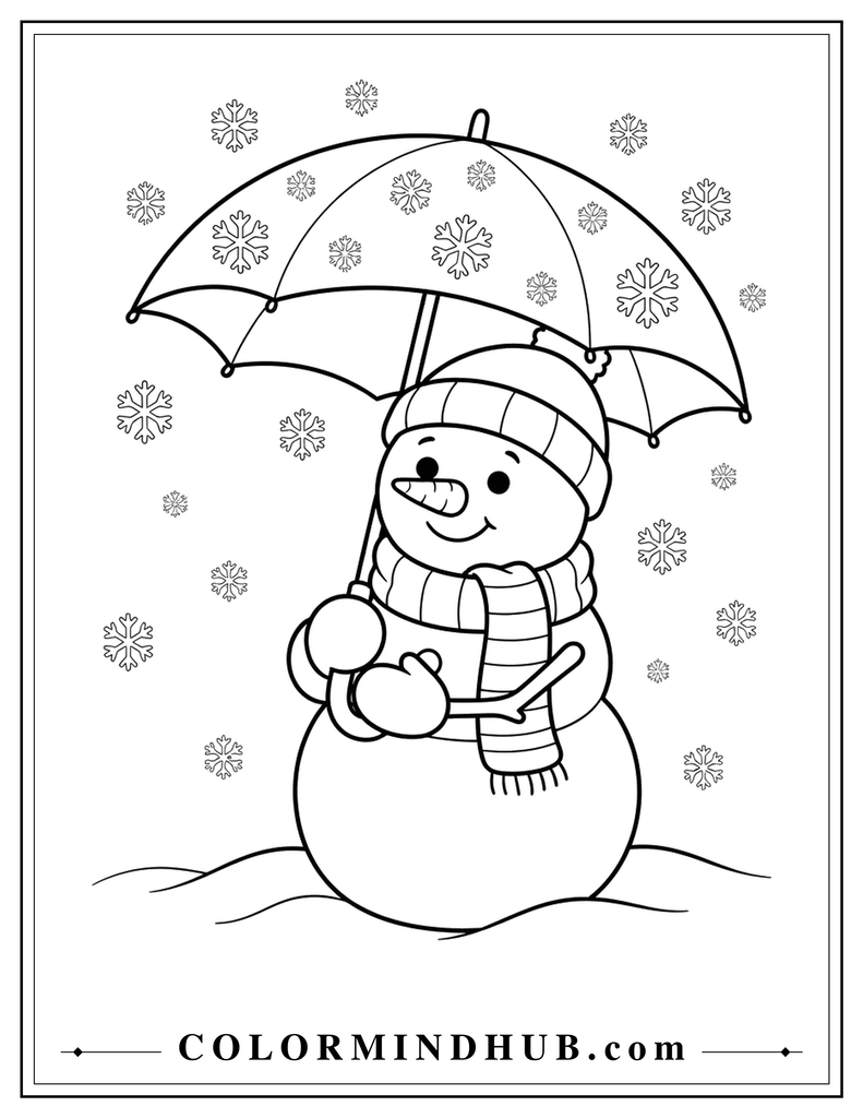 Whimsical snowman holding a large snowflake-patterned umbrella as snowflakes fall around him - Christmas snowman coloring page