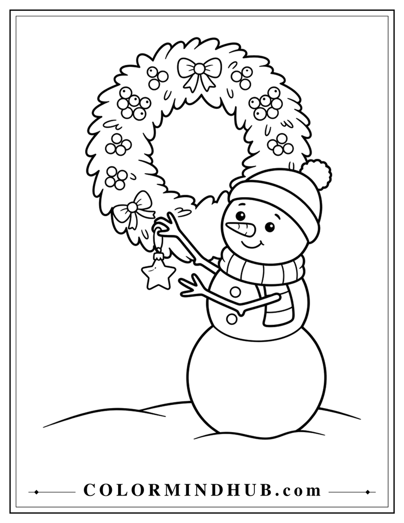 Friendly snowman hanging a small ornament on a large Christmas wreath - Christmas snowman coloring page