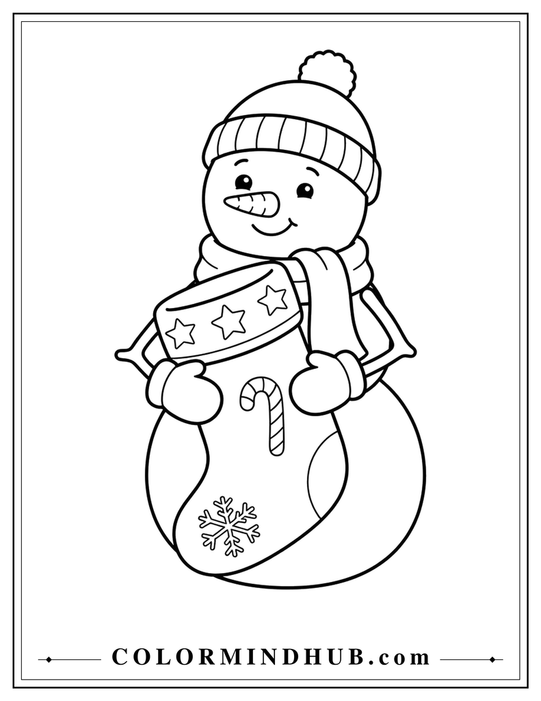 Cute snowman happily holding an oversized Christmas stocking with festive patterns - Christmas snowman coloring page