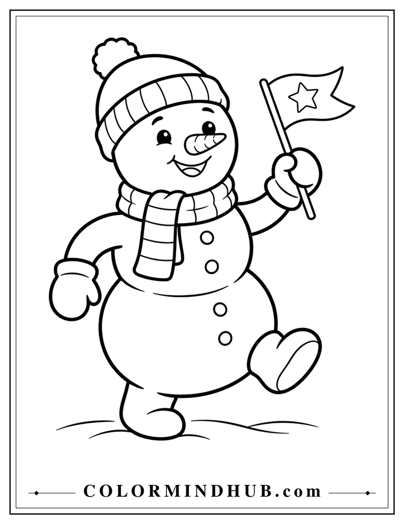 Cheerful snowman marching proudly with a small festive flag in a Christmas parade - Christmas snowman coloring page