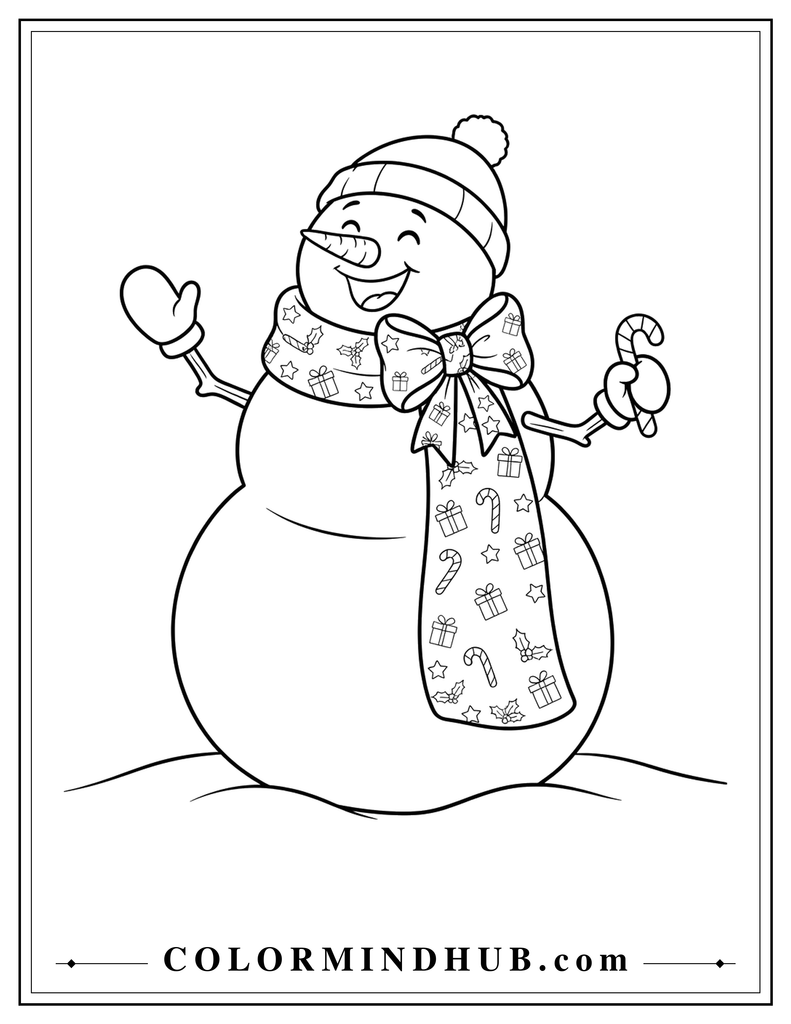 Cheerful snowman holding a freshly baked Christmas cookie at a simple baking table - Christmas snowman coloring page