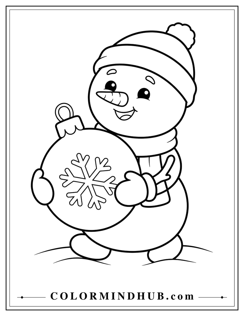 Cheerful snowman carefully carrying one oversized round Christmas ornament - Christmas snowman coloring page