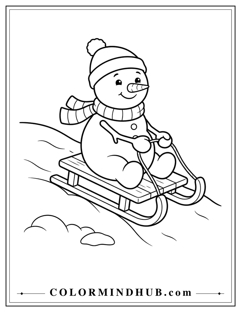 Joyful snowman sitting on a wooden sled and sliding down a snowy hill - Christmas snowman coloring page