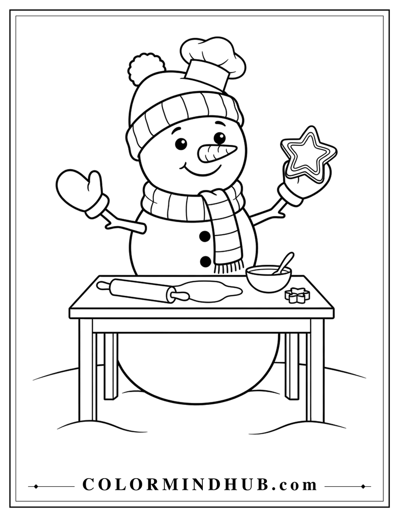 Cheerful snowman holding a freshly baked Christmas cookie at a simple baking table - Christmas snowman coloring page