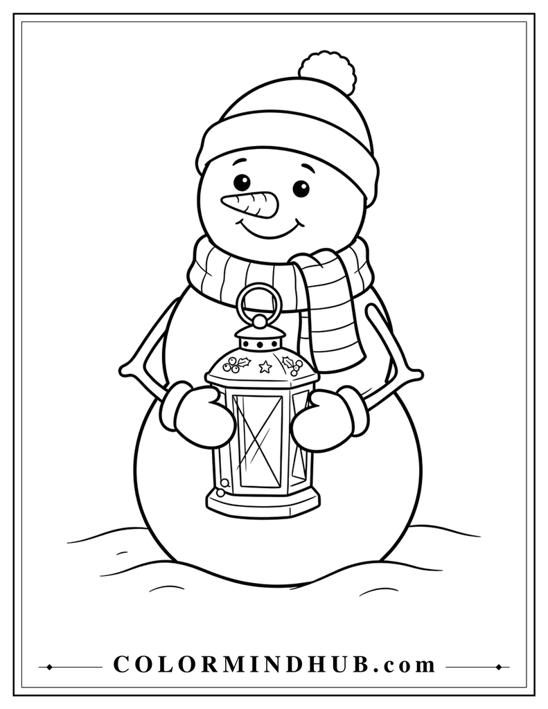 Happy snowman holding a large festive lantern while wearing a winter hat and scarf - Christmas snowman coloring page