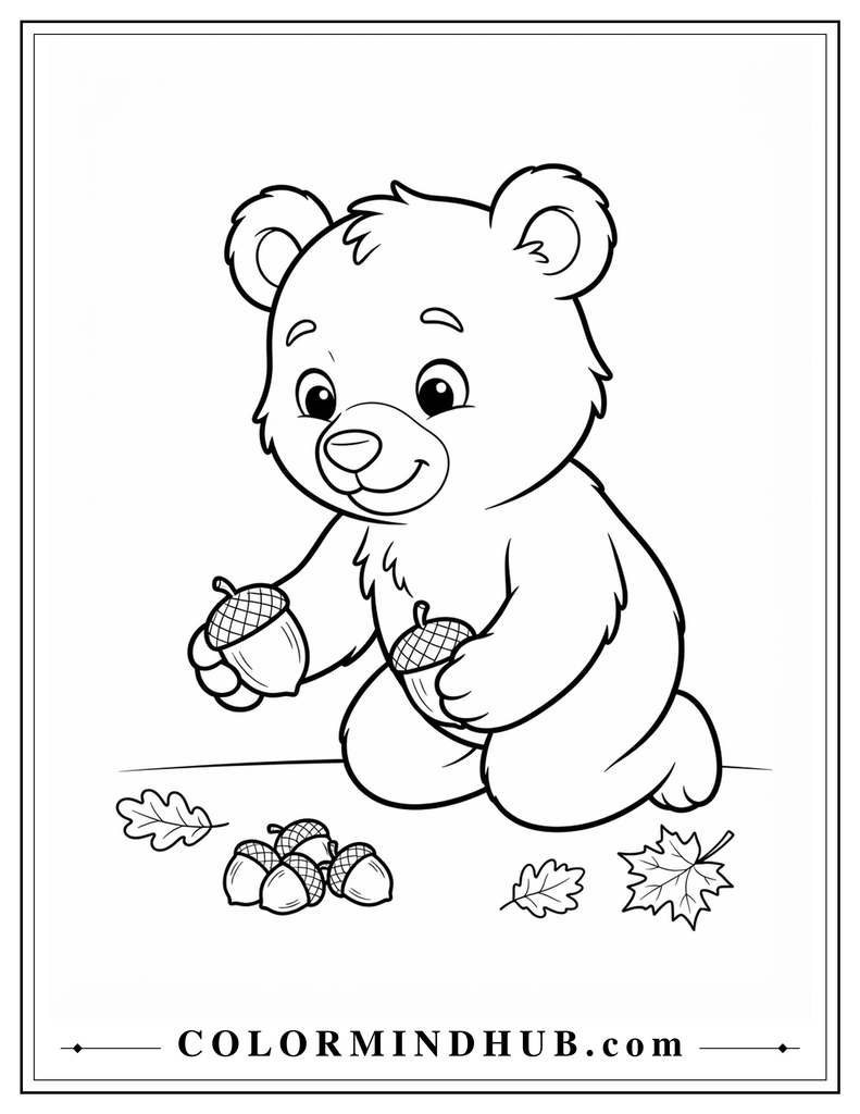 Cute little bear collecting acorns from the ground among a few autumn leaves - fall bear coloring page