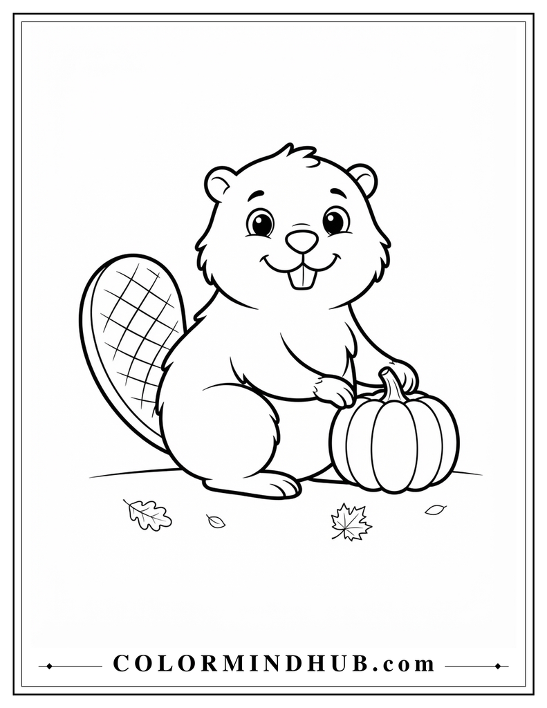 Cute beaver sitting beside and holding a small pumpkin with its large flat tail visible - fall animal coloring page