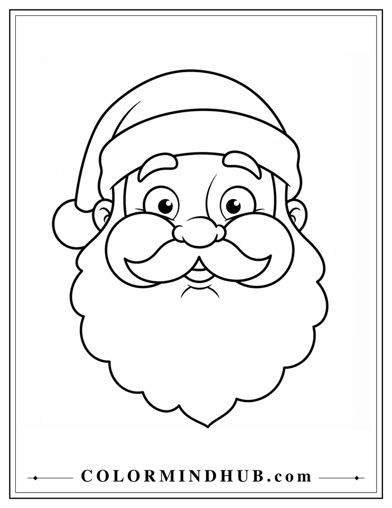 Lovable Santa Claus making a silly face with puffed cheeks and raised eyebrows - cute Santa coloring page