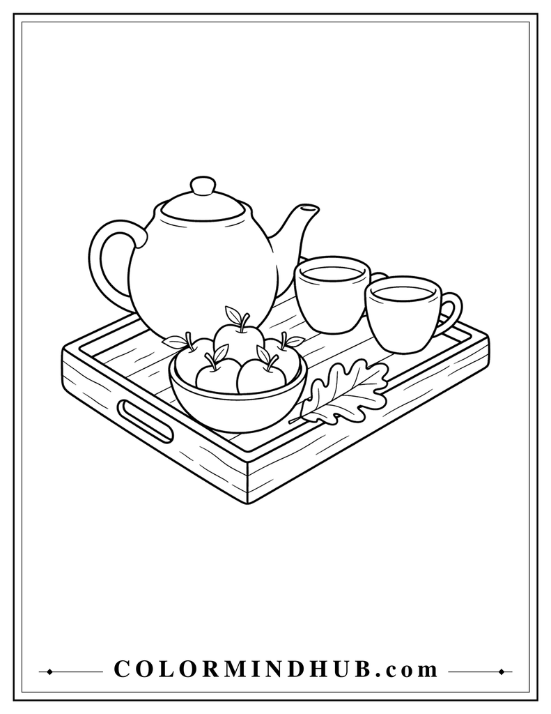 Autumn tea tray with a teapot, two cups, apples, and a single fall leaf - cozy coloring page