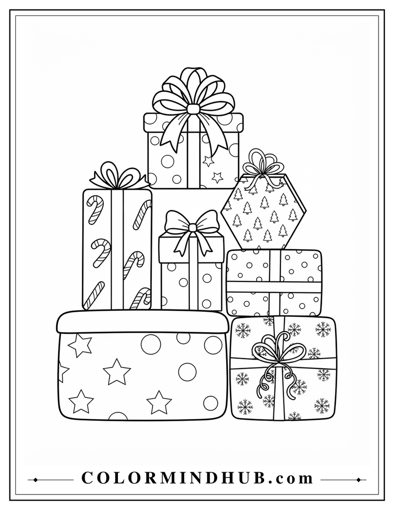 Several Christmas presents stacked together in different sizes with bows and festive patterns - Christmas gift coloring page for kids
