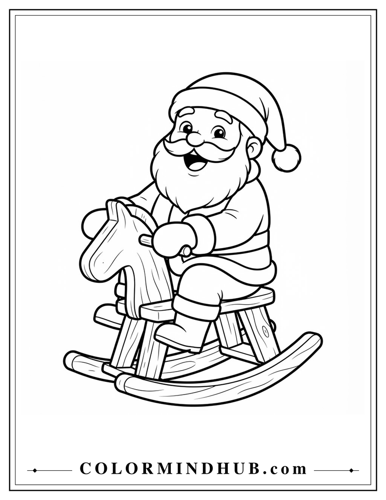 Adorable Santa Claus happily riding a simple wooden rocking horse - Christmas Santa coloring page for kids