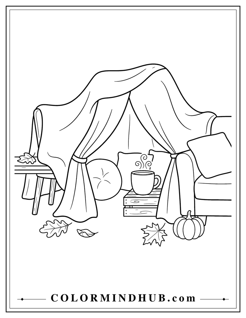 Cozy blanket fort made with large blankets, cushions, and a mug inside - fall coloring page for kids and adults