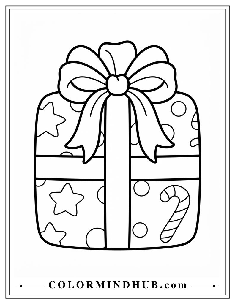 Wrapped Christmas gift featuring a large bow, ribbons, stars, circles, and decorative patterns - Christmas present coloring page