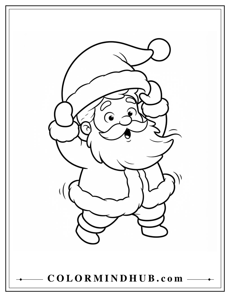 Cheerful Santa Claus holding onto his oversized hat in a playful winter breeze - Santa Claus coloring page