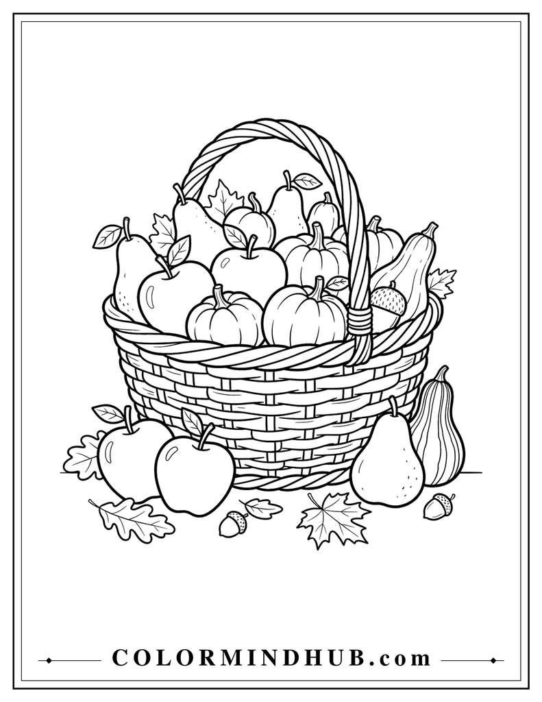 Overflowing autumn market basket filled with apples, pears, pumpkins, and gourds - fall coloring page