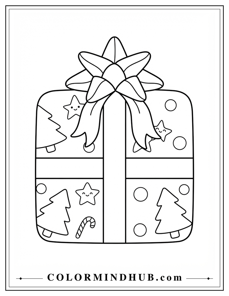 Festive gift box decorated with a large bow, stars, and small Christmas tree designs - Christmas gift coloring page