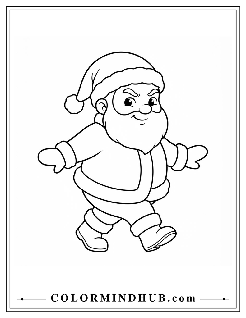 Playful Santa Claus carefully walking on tiptoes with his arms out for balance - Santa coloring page for kids