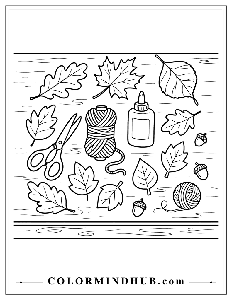 Fall craft table with autumn leaves, yarn, scissors, glue, and handmade leaf shapes - autumn coloring page
