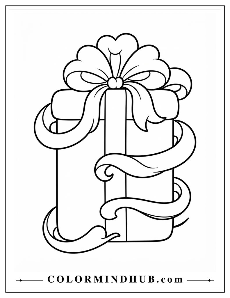 Wrapped holiday present with a large bow and ribbon featuring a candy cane shaped decoration - Christmas present coloring page