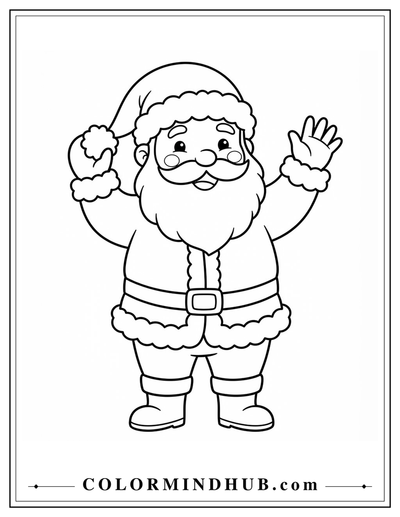 Cute Santa Claus happily waving hello with a big friendly smile - Santa coloring page for kids