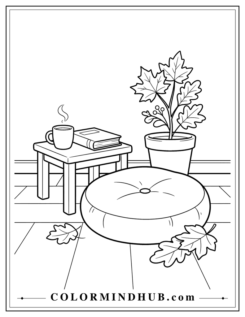 Peaceful reading corner with a floor cushion, side table, mug, closed book, and potted autumn plant - cozy fall coloring page