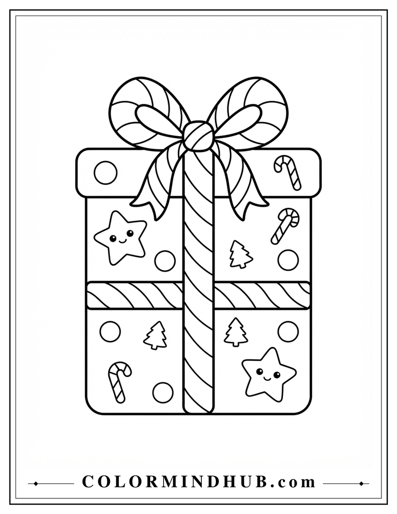 Christmas present decorated with a diagonal ribbon, bow, stars, swirls, and festive details - Christmas gift coloring page