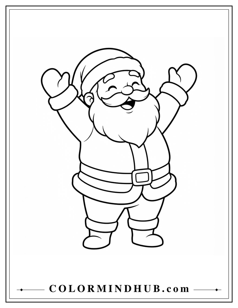 Cute chubby Santa Claus stretching with both arms raised high above his head - Santa coloring page for kids