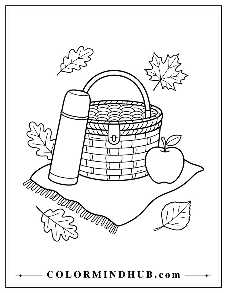 Fall picnic basket with a thermos, apple, blanket, and scattered autumn leaves - autumn coloring page
