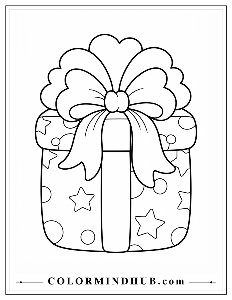 Tall rounded Christmas gift decorated with a flower-shaped bow and star details - Christmas present coloring page for kids